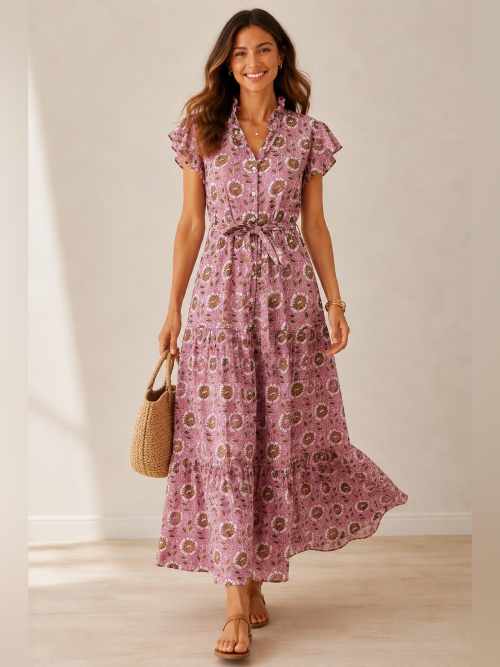 Oliphant Ruffle Collar Floral Maxi Dress Size Medium